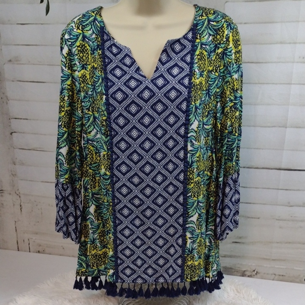 Ruby Rd. Blue and Yellow Pineapple Tunic Size M